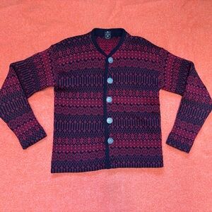 Norvyk by Ren-Dale Red & Black Fair Isle Knit Cardigan Pure Virgin Wool